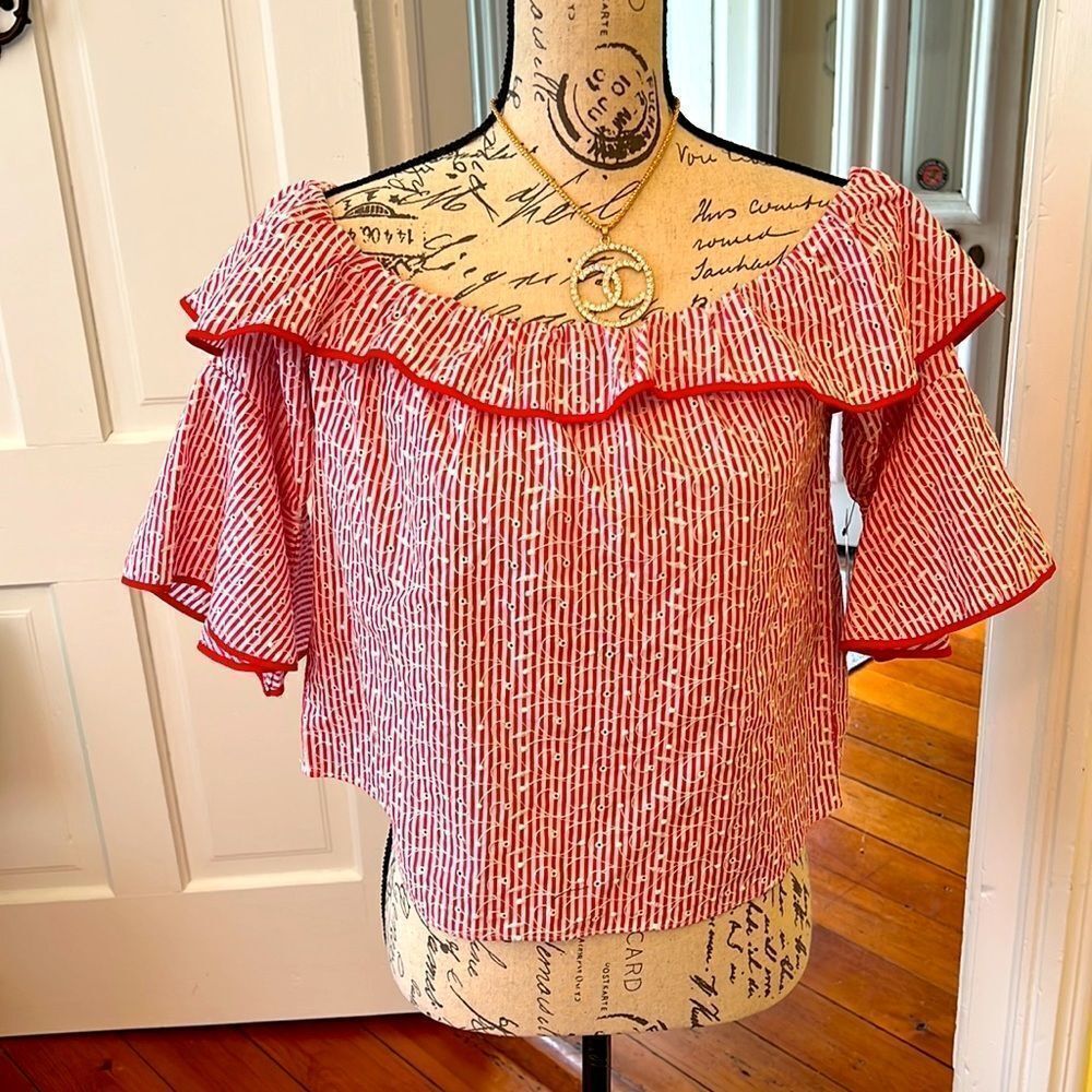 NWT *Zara* M Shawl Collar Off-Shoulder Red & White Chic Striped Cotton Top